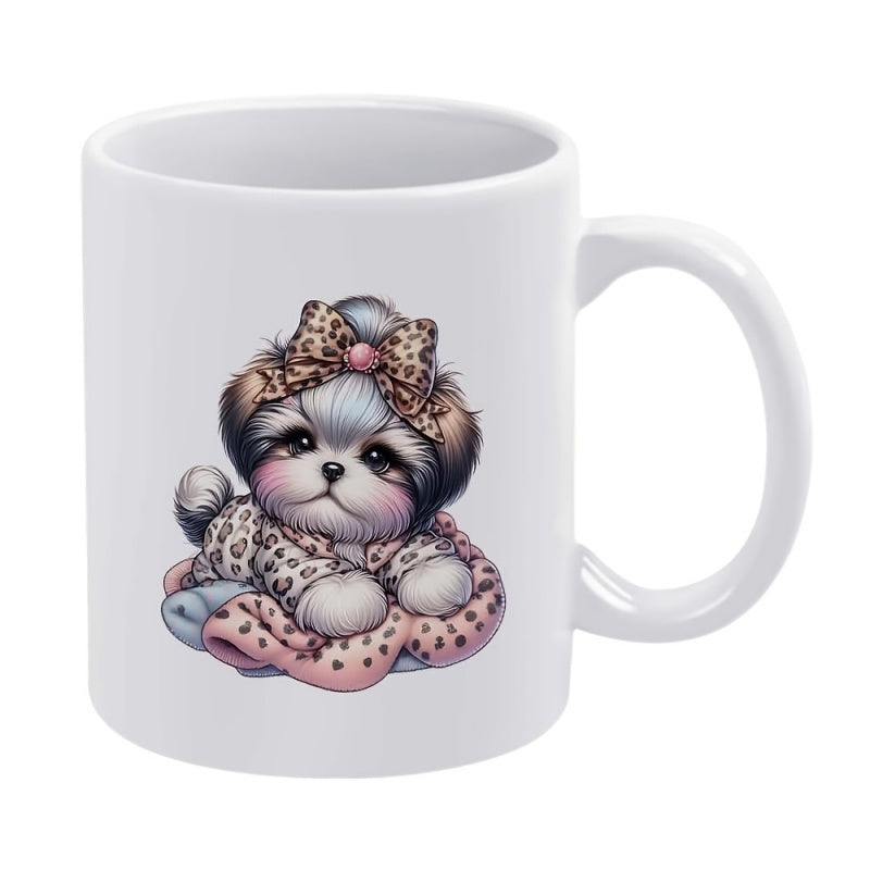 Tailorly White Ceramic 11 oz Mug - Cute Fluffy Puppy Wearing Leopard Print Bow And Pajamas Dog