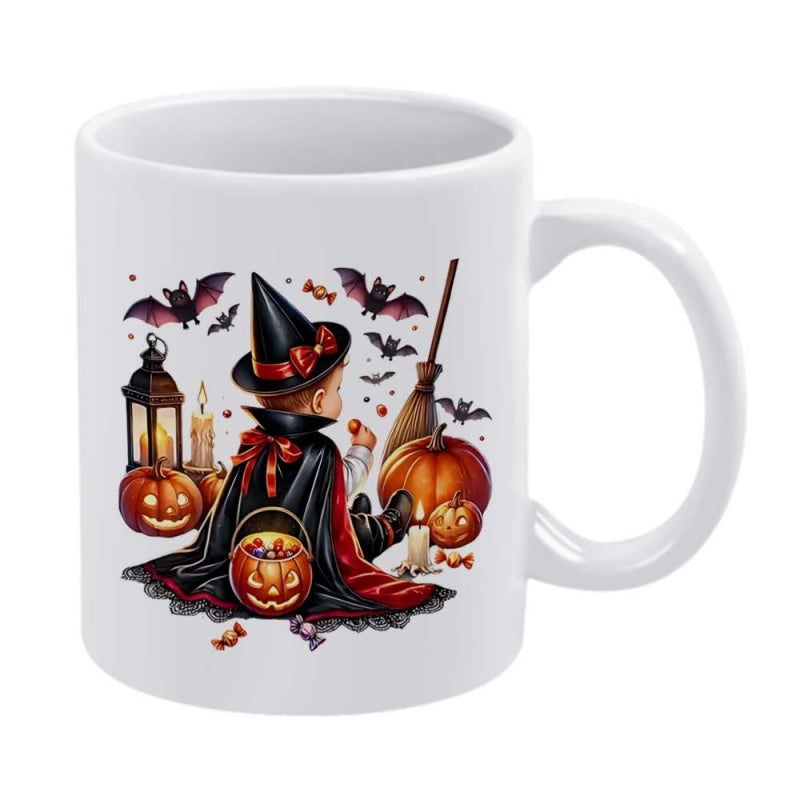 Tailorly White Ceramic 11 oz Mug - Adorable Little Toddler Dressed In Witch Costume Surrounded By Pumpkins Child