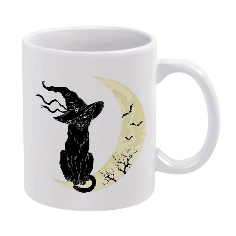 Tailorly White Ceramic 11 oz Mug - Witchy Black Cat Sitting On Crescent Moon With Bats And Trees Cat