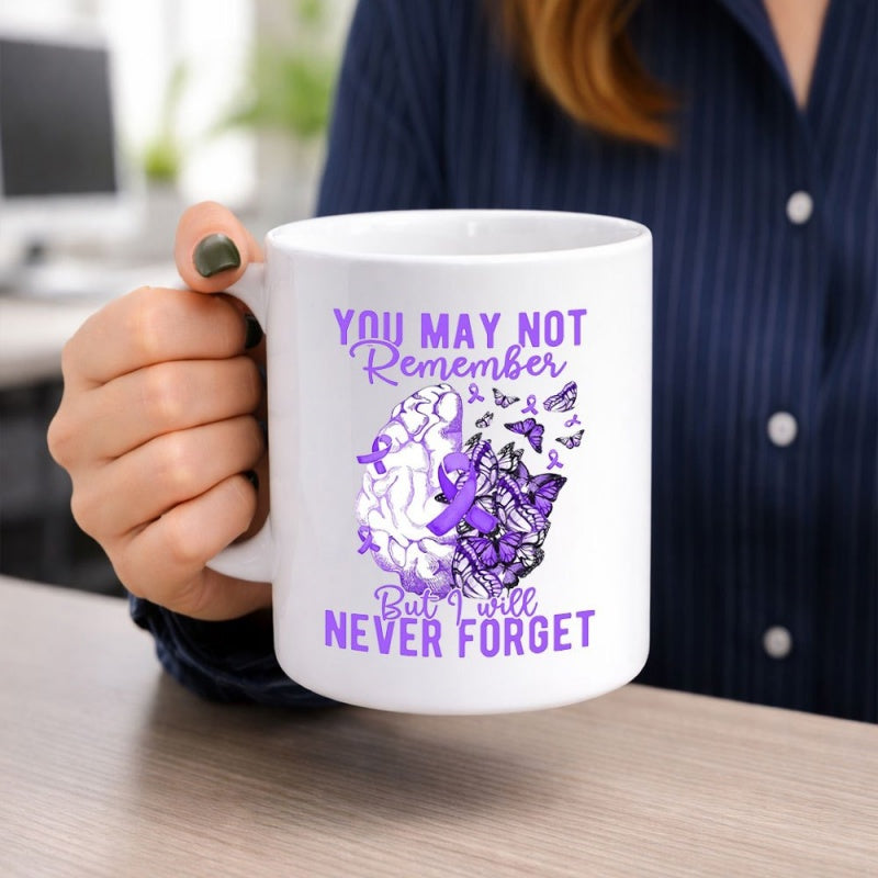 Tailorly White Ceramic 11 oz Mug - You May Not Remember But I Will Never Forget Stylized Brain Formed By Flying Butterflies And Decorative Awareness Ribbon