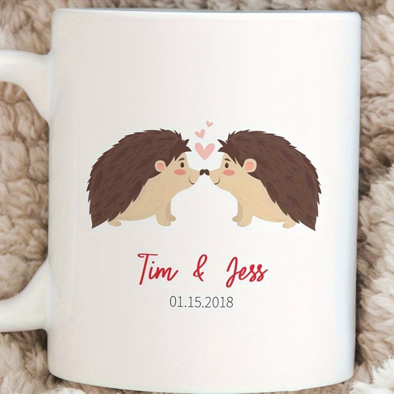 Tailorly White Ceramic 11 oz Mug - Tim Jess Adorable Cartoon Creatures Facing Each Other With Tiny Pink Floating Hearts Hedgehog