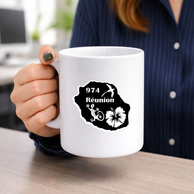 Tailorly White Ceramic 11 oz Mug - Reunion Silhouette Map With Hibiscus Flower Lizard And Soaring Tropicbird Island