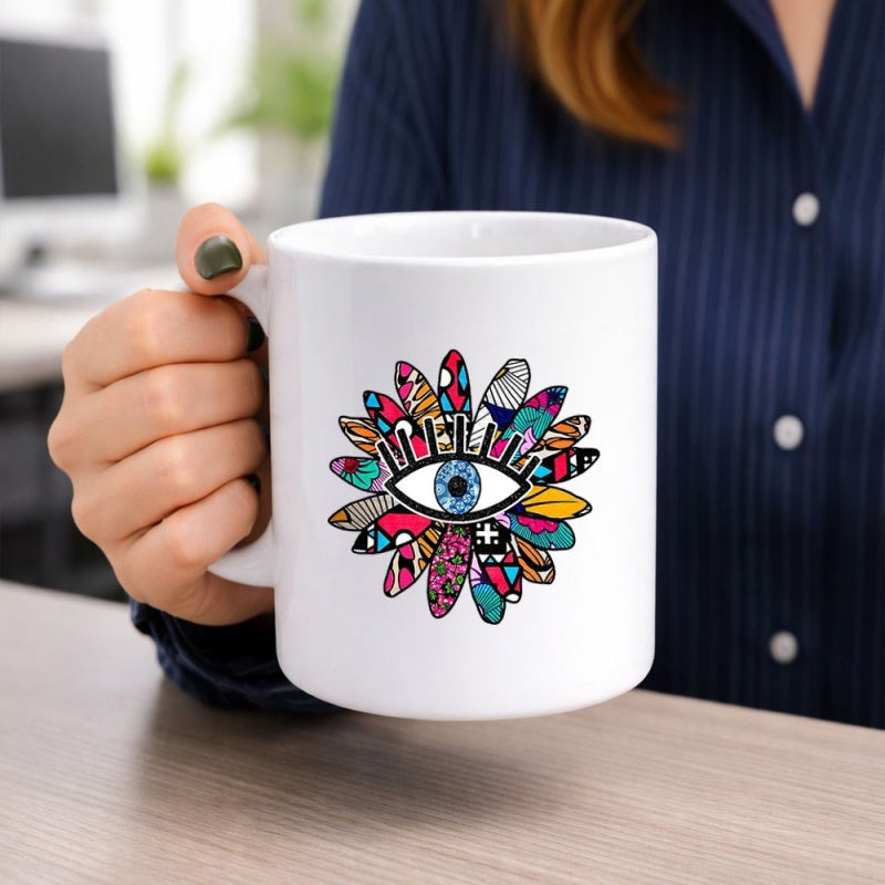 Tailorly White Ceramic 11 oz Mug - Vibrant Pop Art Style With Colorful Patterned Petals Surrounding A Central Eye