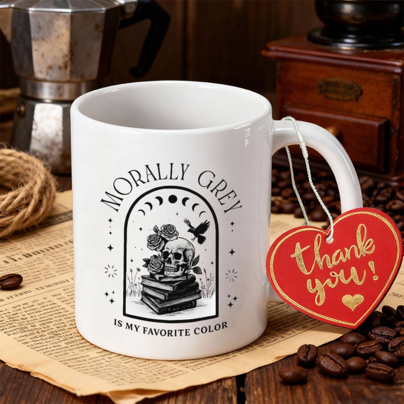 Tailorly White Ceramic 11 oz Mug - Morally Grey Is My Favorite Color Ornate Celestial Illustration Featuring Blooming Roses Above A Stack Of Books Skull