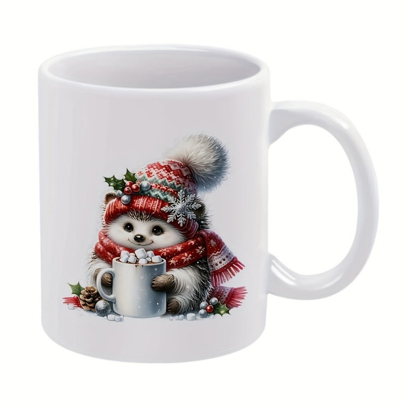 Tailorly White Ceramic 11 oz Mug - Adorable Winter Hedgehog Wearing A Red Knitted Hat And Scarf Holding Cocoa Hedgehog