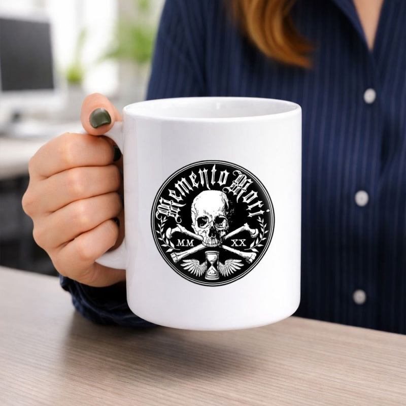 Tailorly White Ceramic 11 oz Mug - Memento Mori Detailed Circular Emblem With Winged Hourglass And Crossed Bones Skull