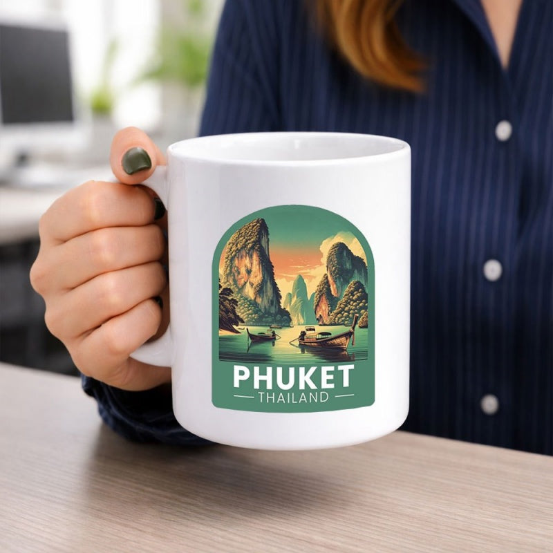 Tailorly White Ceramic 11 oz Mug - Phuket Thailand Tropical Bay Featuring Majestic Cliffs And Floating Longtail Boats Landscape
