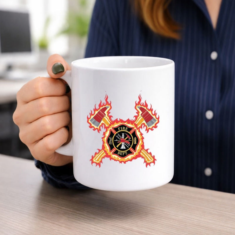 Tailorly White Ceramic 11 oz Mug - Fire Dept Crossed Firefighter Axes Surrounded By Intense Flames And Symbolic Maltese Cross Emblem