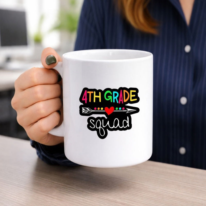 Tailorly White Ceramic 11 oz Mug - 4th Grade Squad Colorful Blocky Letters Combined With Whimsical Arrow And Heart Design