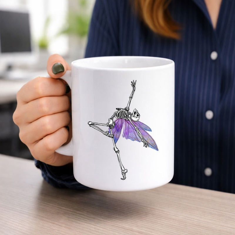 Tailorly White Ceramic 11 oz Mug - Graceful Dancing Figure With Vibrant Purple Butterfly Wings In Elegant Pose Skeleton