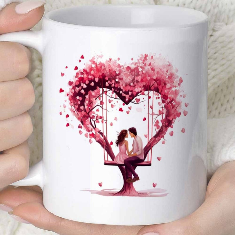 Tailorly White Ceramic 11 oz Mug - Romantic Couple Sitting On A Swing Under A Blossoming Heart Shaped Tree