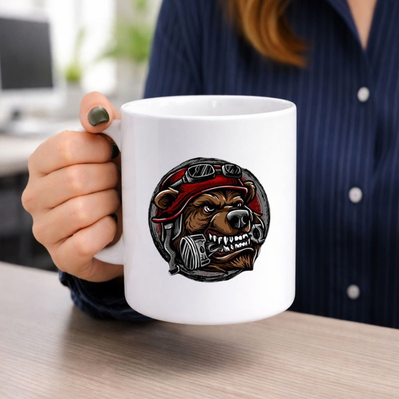 Tailorly White Ceramic 11 oz Mug - Fierce Brown Wearing Red Vintage Aviator Helmet With Goggles Among Mechanical Details Bear