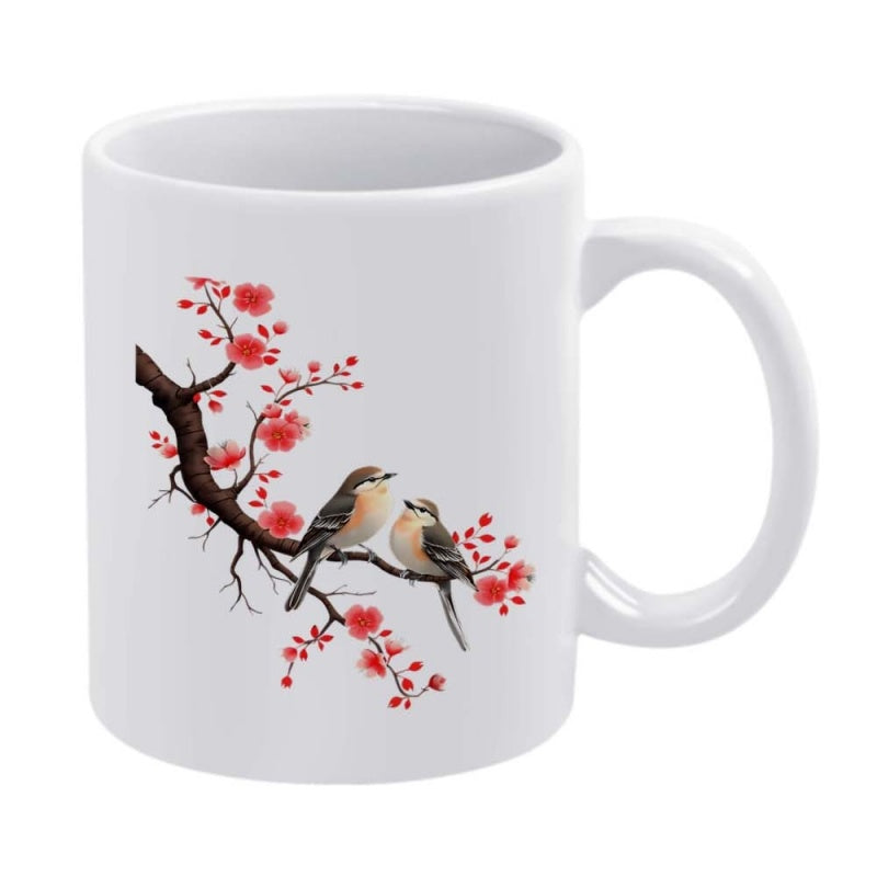 Tailorly White Ceramic 11 oz Mug - Two Birds Perched On A Branch Among Delicate Pink Cherry Blossoms Bird