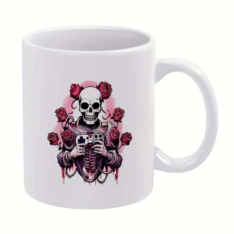 Tailorly White Ceramic 11 oz Mug - Vibrant Gothic Gaming Aesthetic With Blooming Roses And Detailed Controller Skeleton