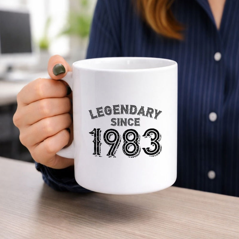 Tailorly White Ceramic 11 oz Mug - Legendary Since 1983 Minimalist Classic Vintage Typography Featuring Strong Bold Impactful Retro Numbering Mug
