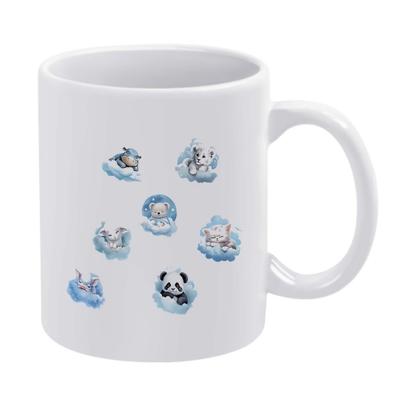 Tailorly White Ceramic 11 oz Mug - Cute Tiny Forest Creatures Resting Peacefully On Soft Blue Fluffy Clouds Animals
