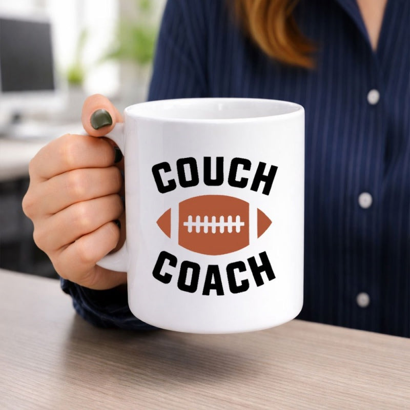 Tailorly White Ceramic 11 oz Mug - Couch Coach Bold Black Block Text Framing A Classic Brown American Football