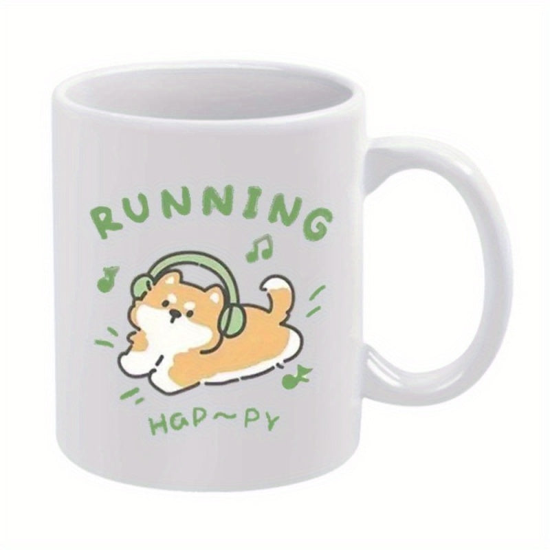 Tailorly White Ceramic 11 oz Mug - Running Happy Cute Cartoon Shiba Inu Wearing Green Headphones Surrounded By Dancing Musical Notes Dog