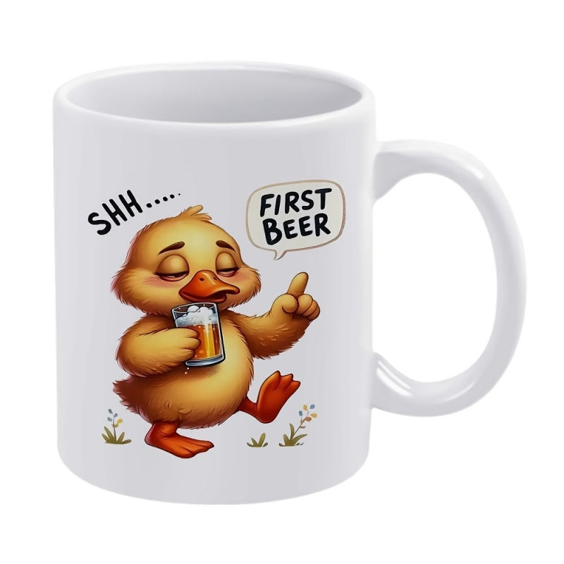 Tailorly White Ceramic 11 oz Mug - Shh First Beer Charming Little Yellow Duckling Carrying A Glass Of Cold Frothy Beer Duck