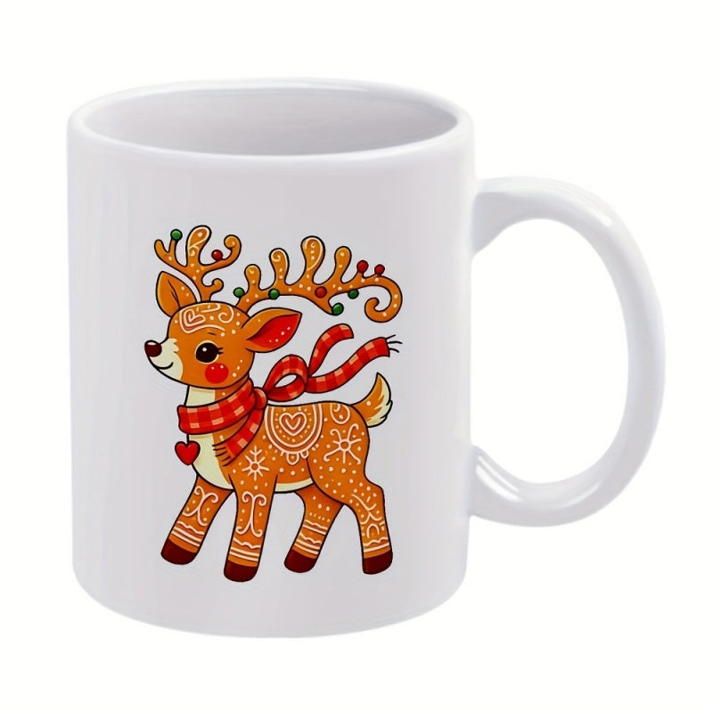 Tailorly White Ceramic 11 oz Mug - Cute Festive Christmas Fawn With Red Scarf And Decorative Antlers Reindeer