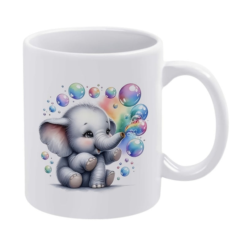 Tailorly White Ceramic 11 oz Mug - Adorable Baby Animal Blowing Iridescent Shimmering Bubbles Under Gentle Light Elephant