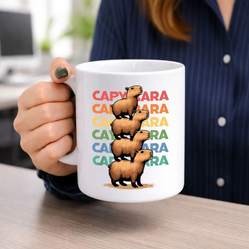 Tailorly White Ceramic 11 oz Mug - Capybara Four Stacked Brown Cartoon Animals Against Colorful Retro Vintage Background Capybara