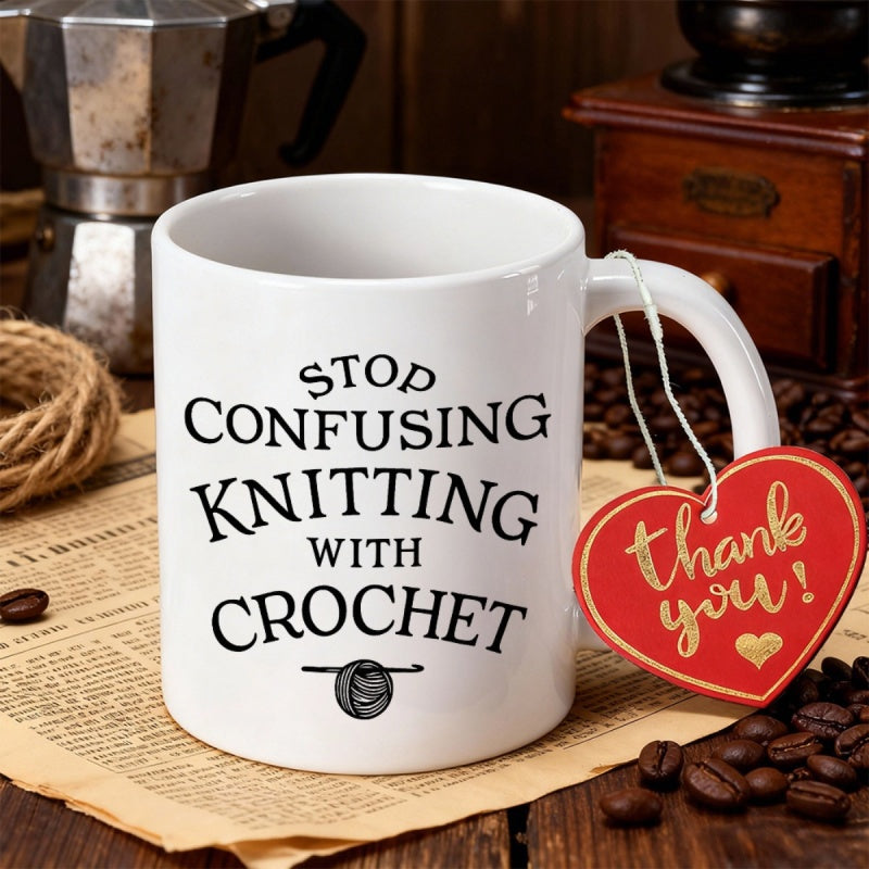 Tailorly White Ceramic 11 oz Mug - Stop Confusing Knitting With Crochet Minimalist Black Illustration Of Yarn Ball With Hook On