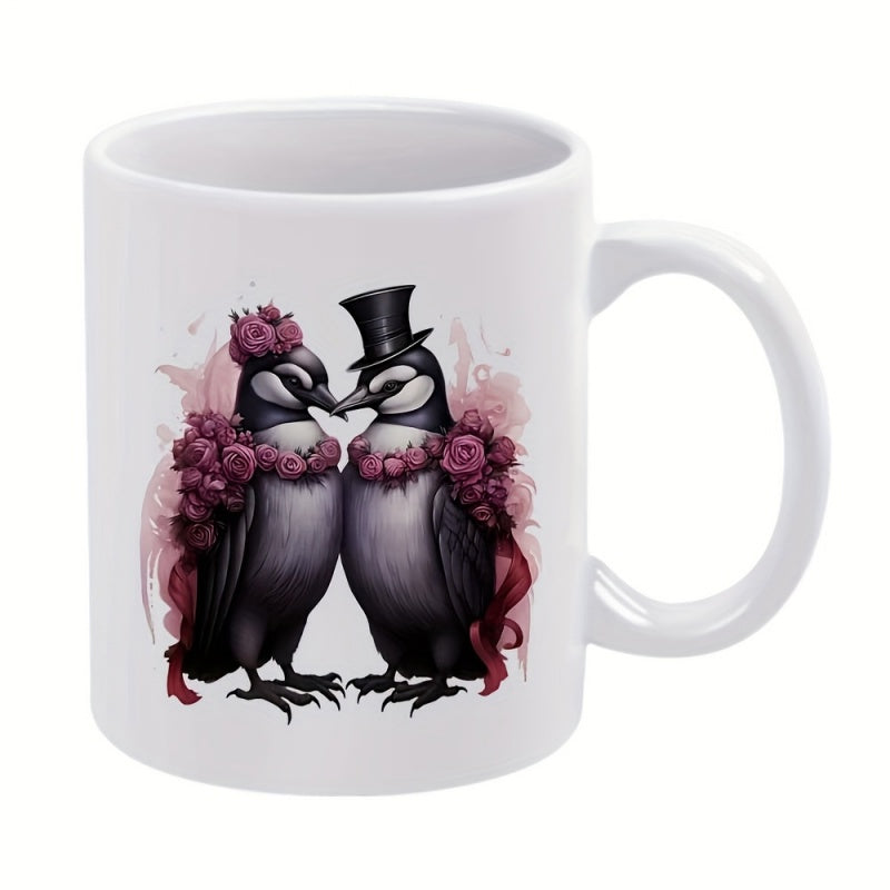 Tailorly White Ceramic 11 oz Mug - Elegant Romantic Pair With Purple Flowers And Black Top Hat Standing Penguin