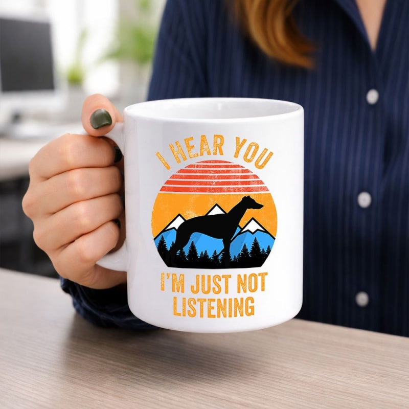 Tailorly White Ceramic 11 oz Mug - I Hear You I'm Just Not Listening Retro Circular Sunset Over Snowy Mountains And Pine Forest Silhouette Greyhound