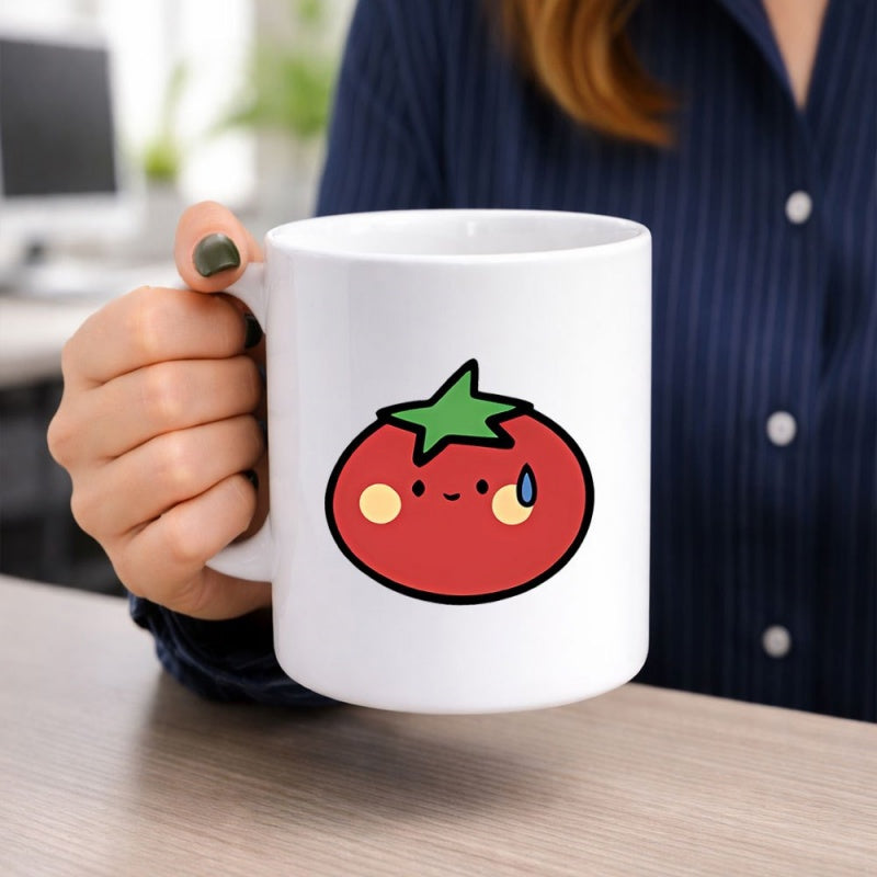 Tailorly White Ceramic 11 oz Mug - Simple Minimalist Red Cartoon Vegetable With Blushing Cheeks And Sweat Drop Tomato