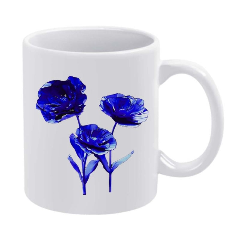 Tailorly White Ceramic 11 oz Mug - Vibrant Watercolor Blue Petals Blooming On Elegant Slender Green Stems Flowers