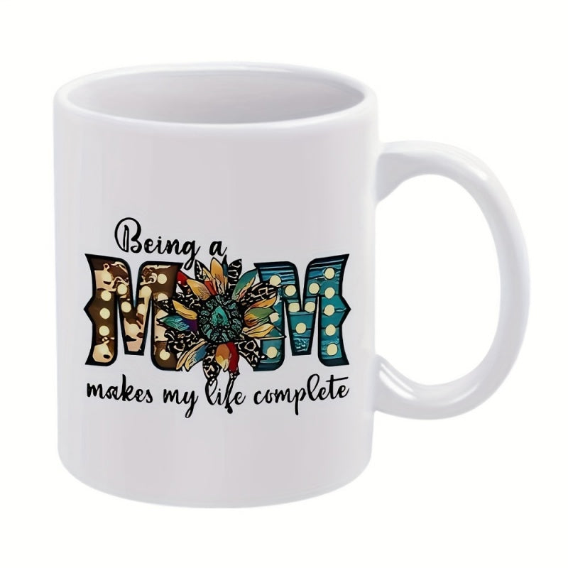 Tailorly White Ceramic 11 oz Mug - Being A Mom Makes My Life Complete Western Themed Leopard Print Design With A Vibrant Blooming Sunflower
