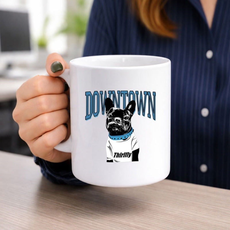Tailorly White Ceramic 11 oz Mug - Downtown Thrifty Stylish Animal Wearing Blue Collar And White T Shirt Under Arched French Bulldog