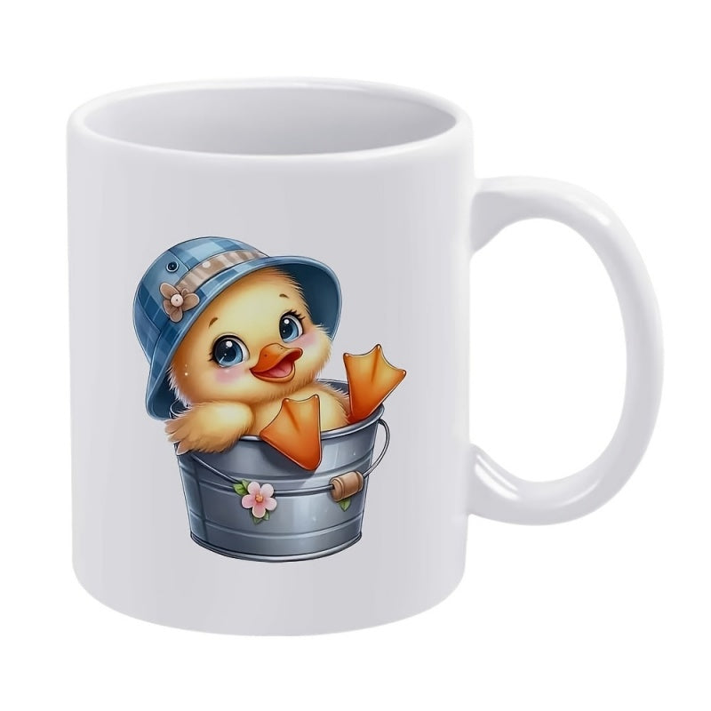 Tailorly White Ceramic 11 oz Mug - Adorable Little Yellow Duckling Wearing Blue Hat Inside Small Metal Bucket Duckling
