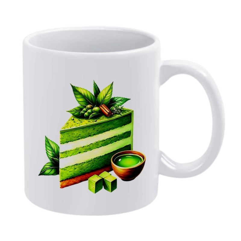 Tailorly White Ceramic 11 oz Mug - Delicious Layered Green Matcha Dessert With Fresh Tea Leaves And Tea Cake