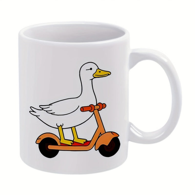 Tailorly White Ceramic 11 oz Mug - Whimsical White Bird Riding A Small Orange Kick Scooter Duck