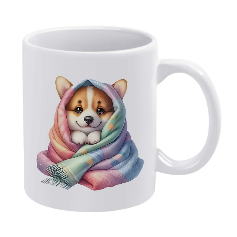 Tailorly White Ceramic 11 oz Mug - Adorable Little Puppy Wrapped Inside A Colorful Soft Rainbow Blanket Corgi