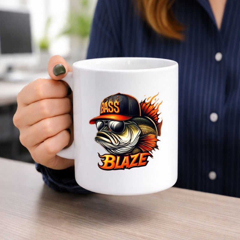 Tailorly White Ceramic 11 oz Mug - Bass Blaze Cool Cartoon Fish Wearing Sunglasses And Hat Under Fiery Emblems Bass