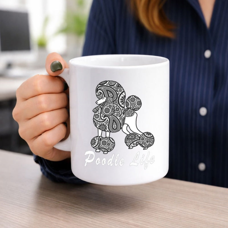 Tailorly White Ceramic 11 oz Mug - Poodle Life Intricate Paisley Pattern Decorative Silhouette Styled Artistic Standing Poodle