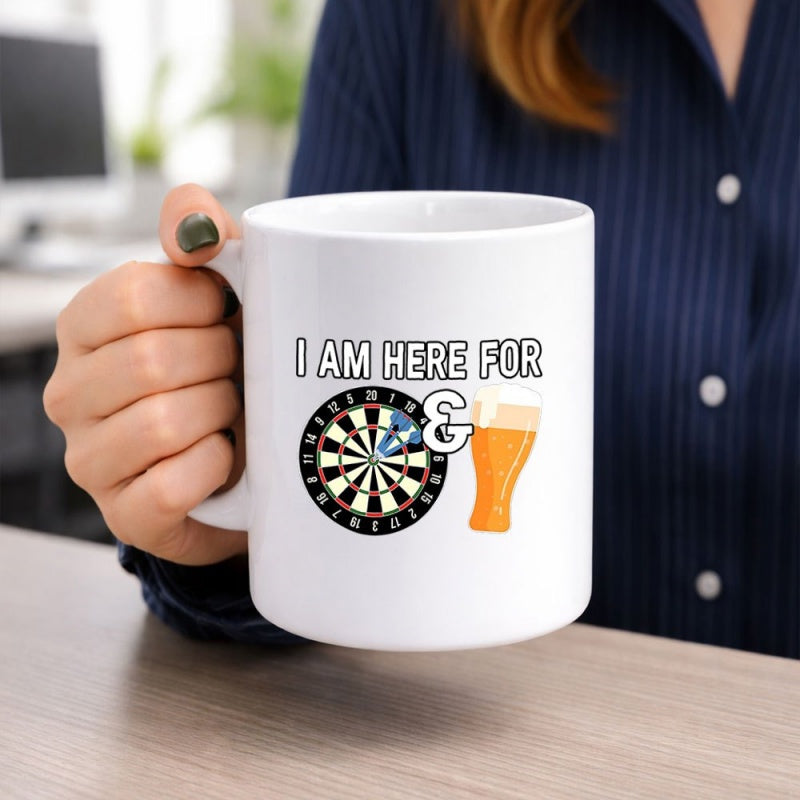 Tailorly White Ceramic 11 oz Mug - I Am Here For Classic Circular Dartboard Paired With A Cold Frothy Beer Darts