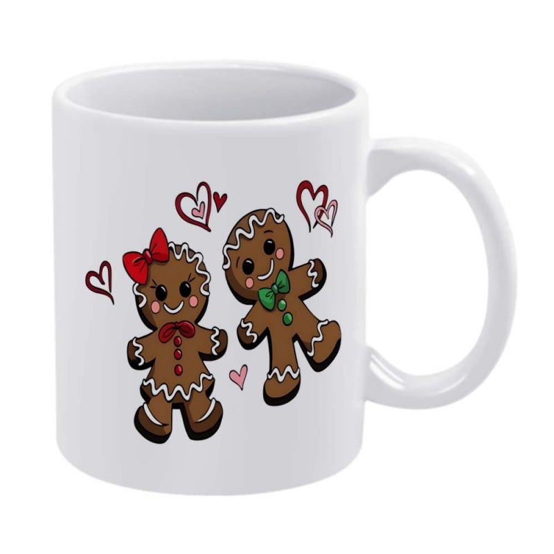 Tailorly White Ceramic 11 oz Mug - Adorable Festive Christmas Characters Surrounded By Small Red Hearts With Bows Gingerbread