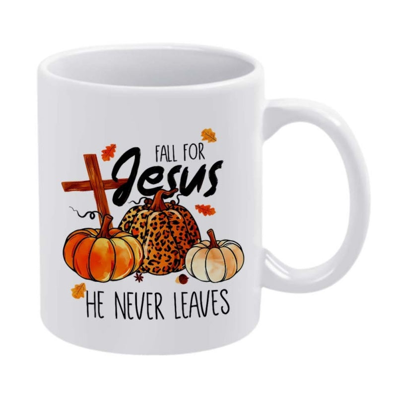 Tailorly White Ceramic 11 oz Mug - Fall For Jesus He Never Leaves Autumn Pumpkins With Leopard Print Pattern And A Rustic Wooden Cross Mug
