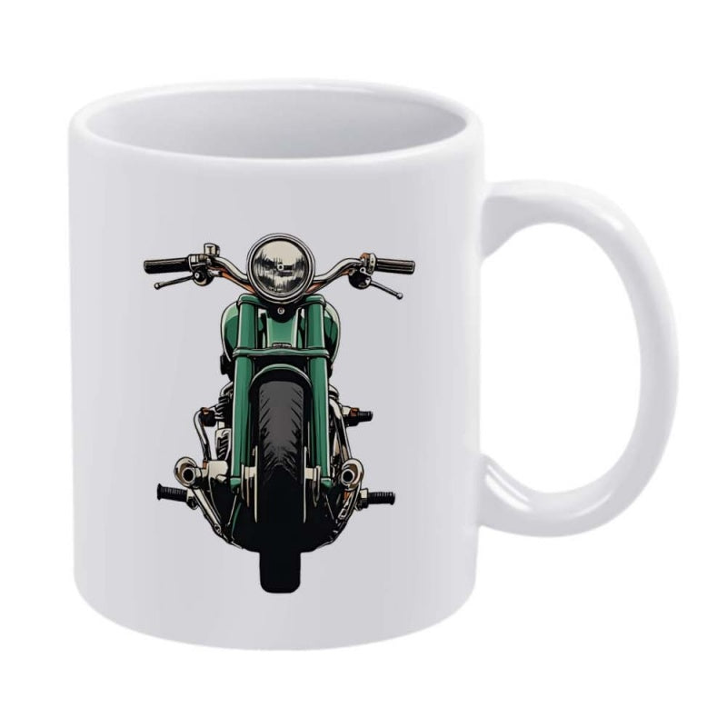 Tailorly White Ceramic 11 oz Mug - Teal Classic Vintage Front View With Round Headlight And Handlebars Motorcycle