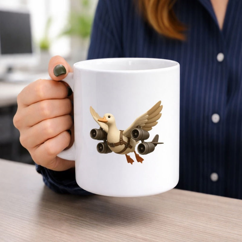 Tailorly White Ceramic 11 oz Mug - Flying White Duck With Four Mechanical Jet Engines Strapped To Wings Duck