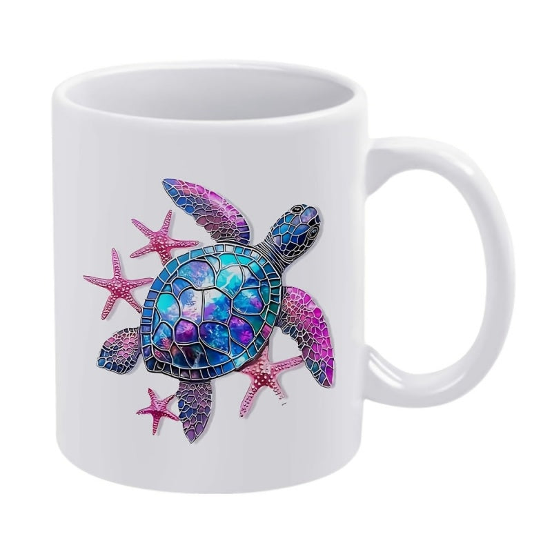 Tailorly White Ceramic 11 oz Mug - Vibrant Sea Turtle Swimming Among Pink Starfish Under Sparkling Water Turtle