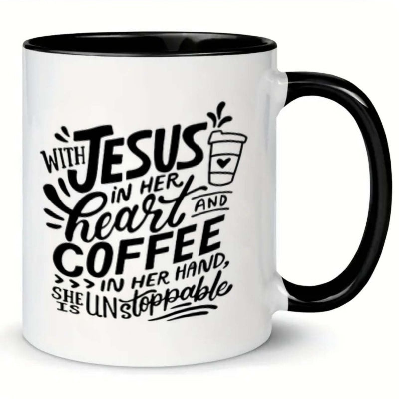 Tailorly Black Accent 11 oz Mug - jesus and coffee text