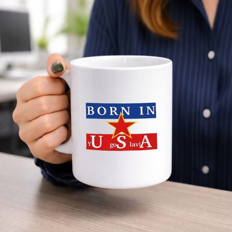 Tailorly White Ceramic 11 oz Mug - Born In Yugoslavia USA Patriotic Red Star Situated Between Blue And Red Horizontal Blocks Mug