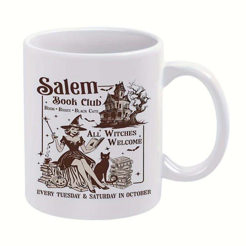 Tailorly White Ceramic 11 oz Mug - Salem Book Club Books Brews Black Cats All Witches Welcome Every Tuesday Saturday October Vintage Stylized Woman Sitting On
