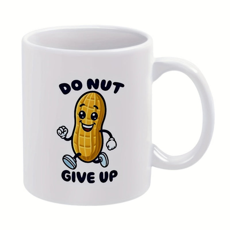 Tailorly White Ceramic 11 oz Mug - Do Nut Give Up Cute Smiling Cartoon Peanut Character Jogging With Determined Expression Energetic Peanut