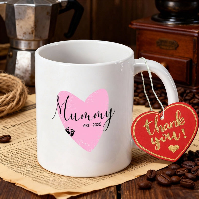 Tailorly White Ceramic 11 oz Mug - Mummy EST 2025 Minimalist Pink Heart With Baby Footprints On A Pure